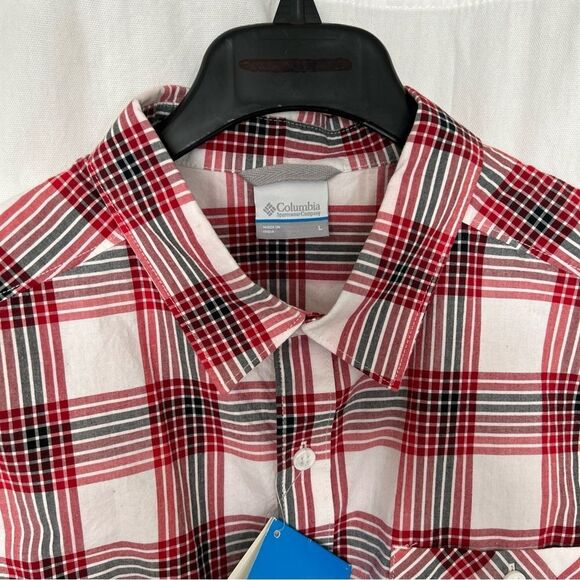 NWT Columbia Red Grey White Checker short Sleeve Shirt Men’s L - Picture 2 of 10